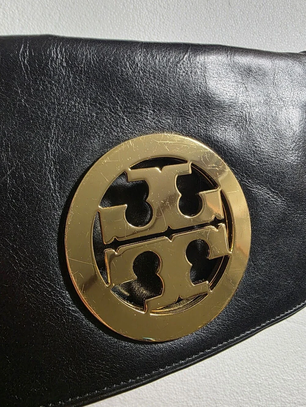Tory Burch  Reva Black Leather Clutch Crossbody Gold Emblem